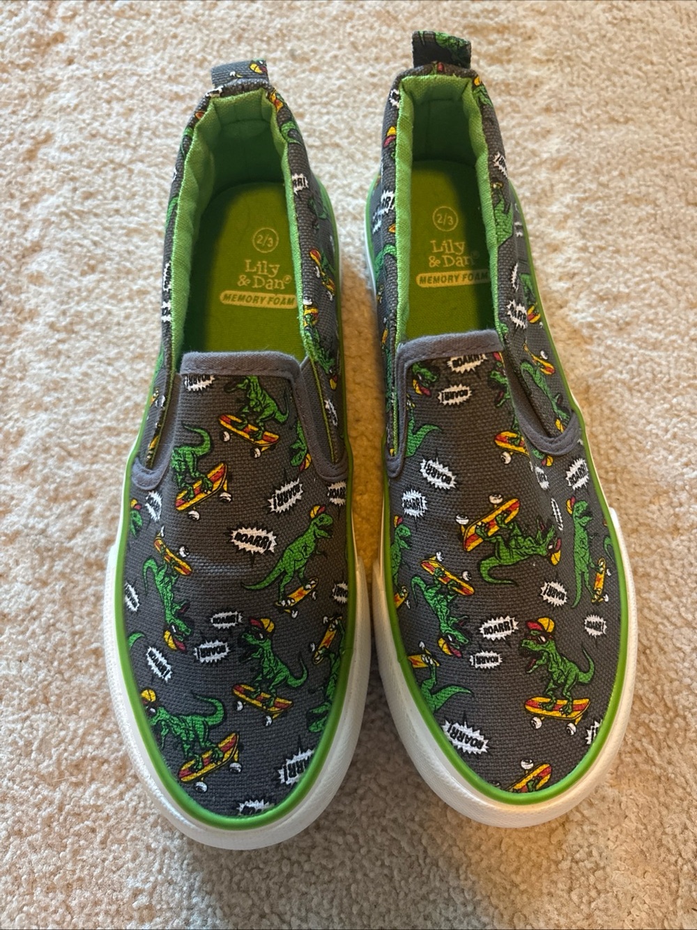 ALO Yoga Kids Gray & Green Dinosaur Skate Slip-On Sneakers